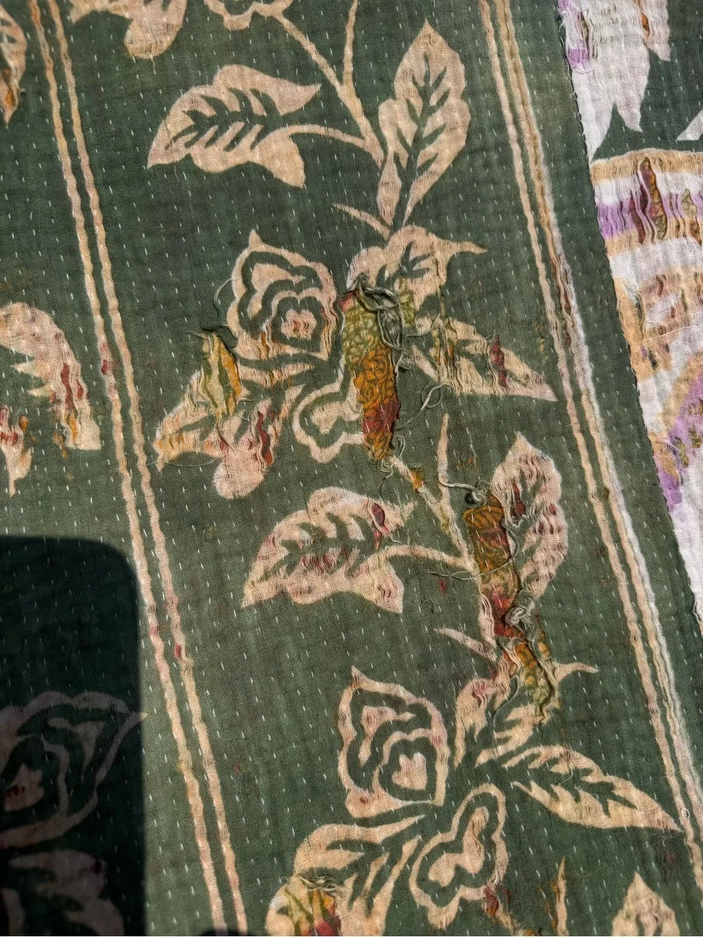 Green Floral Kantha Throw with Pink & Cream Accents